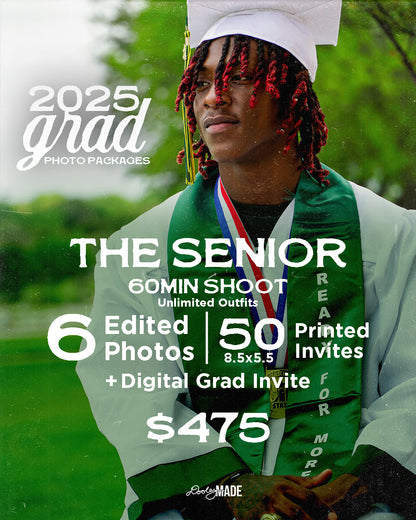 A photo advertising Personalized Graduation Photography The Senior ($475) package that  includes 6 edited photos and 50 printed invitations (8.5x5.5) plus digital versions. The phoo features a graduate wearing a white cap and gown and green stole staring happily in the distance.
