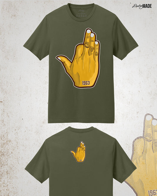 Image with front and back of a green Iota Phi Theta shirt with a large gold, brown, and white "Ow-Ow" hand sign with "1963" on the front and the same image smaller on the upper-back area on the back. Shirts are on a textured white background.
