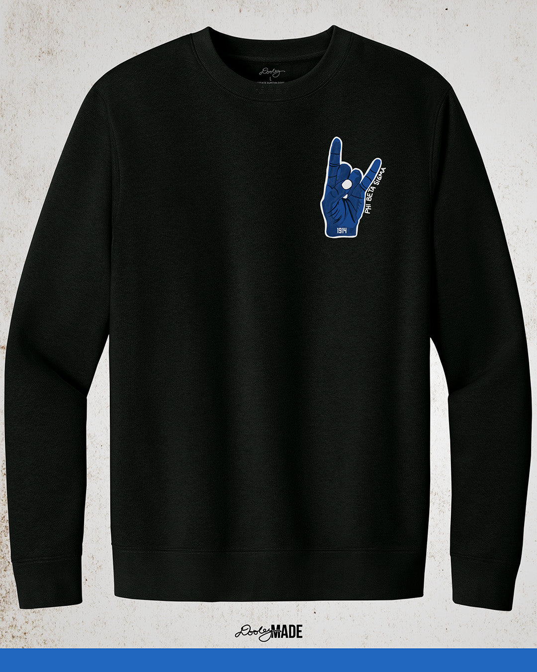A premium black Phi Beta Sigma crewneck sweater featuring the Phi Beta Sigma hand sign in blue on the left chest with "Phi Beta Sigma" written in white on the right. 