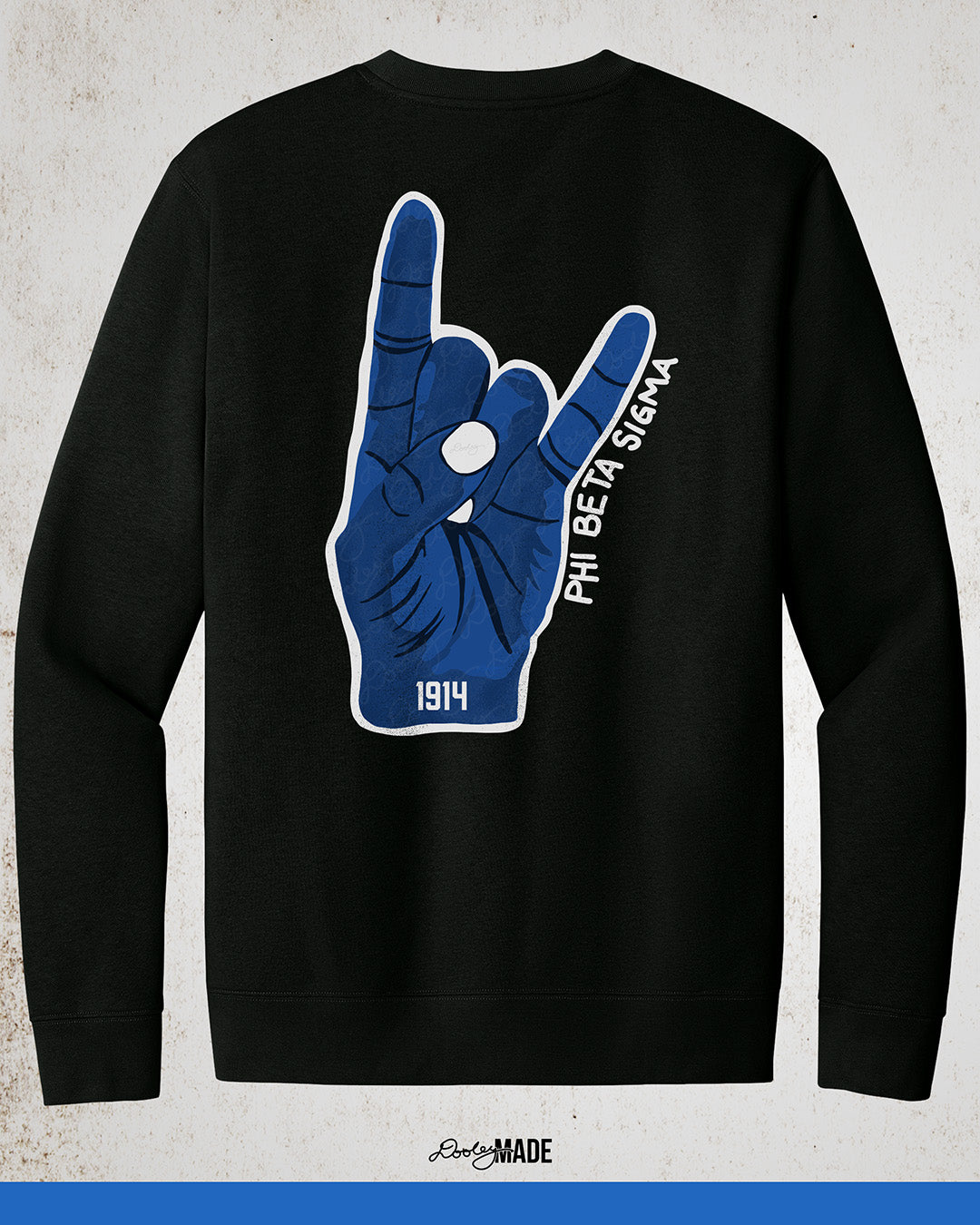 A premium black Phi Beta Sigma crewneck sweater featuring the Phi Beta Sigma hand sign in blue oversized on the back with "Phi Beta Sigma" written in white on the right. 