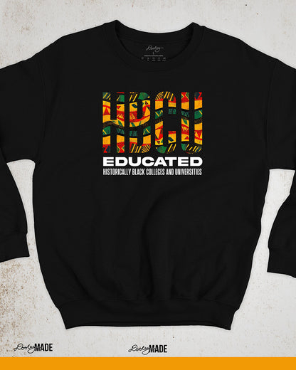 An image of a black HBCU Educated (Historically Black Colleges & Universities) crewneck sweatshirt with yellow, red, black, and green print. Perfect for students and alumni.