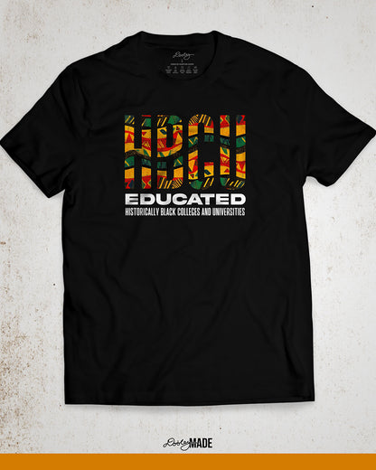 An image of a black HBCU Educated (Historically Black Colleges & Universities) shirt with yellow, red, black, and green print. Perfect for students and alumni.
