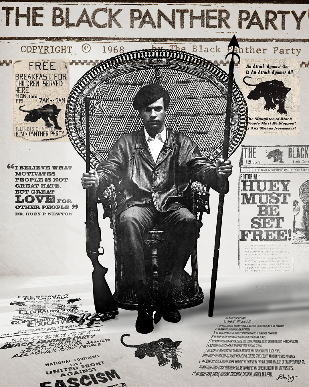 An image Huey P. Newton artwork featuring the Black Panther Party's 10 Point Program, a poster that hung inside the door of the Chicago Chapter headquarters, the quote "I believe what motivates people is not great hate, but great love for other people," and other historical memorabilia.