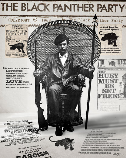 An image Huey P. Newton artwork featuring the Black Panther Party's 10 Point Program, a poster that hung inside the door of the Chicago Chapter headquarters, the quote "I believe what motivates people is not great hate, but great love for other people," and other historical memorabilia.