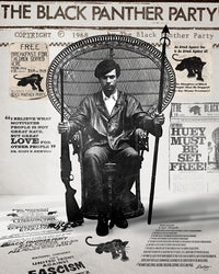 An image Huey P. Newton artwork featuring the Black Panther Party's 10 Point Program, a poster that hung inside the door of the Chicago Chapter headquarters, the quote "I believe what motivates people is not great hate, but great love for other people," and other historical memorabilia.