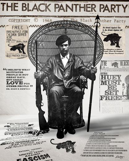 An image Huey P. Newton artwork featuring the Black Panther Party's 10 Point Program, a poster that hung inside the door of the Chicago Chapter headquarters, the quote "I believe what motivates people is not great hate, but great love for other people," and other historical memorabilia.