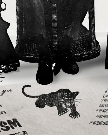 An zoomed image of Huey P. Newton artwork showing his feet and the Black Panther Party's illustrated panther logo icon stretched on the floor. 