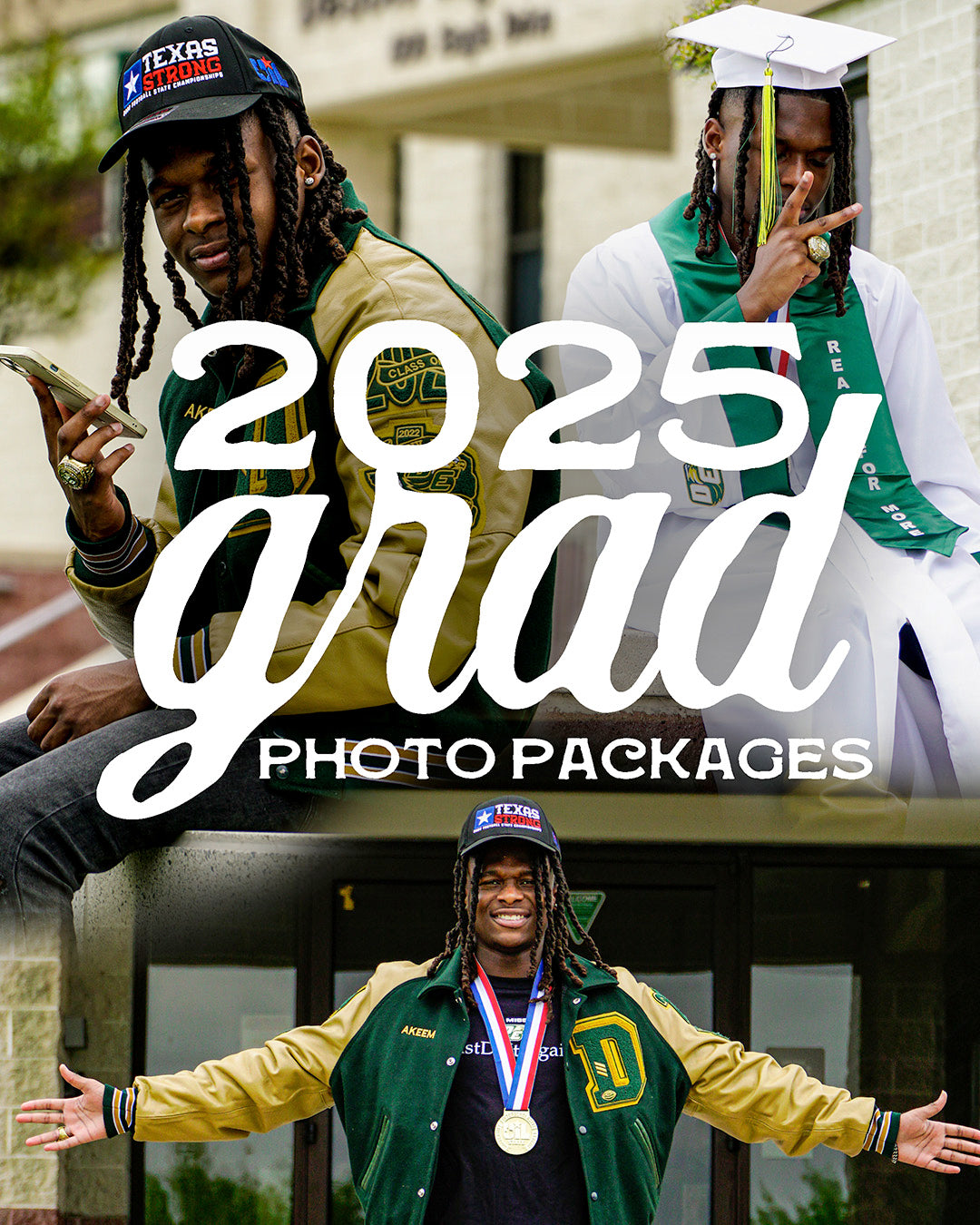 In image comprised of 3 photos advertising Personalized Graduation Photography in Dallas, TX.