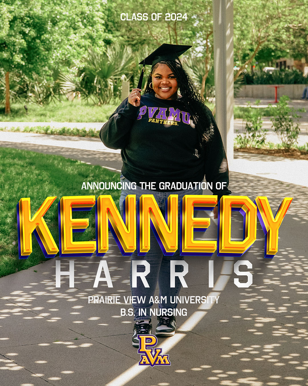 A photo advertising Personalized Graduation Photography packages and invites showing a graduate smiling and in a graduation hat and school themed sweatshirt. The image has 3D text featuring her name, the school she attended, graduation details, and a school logo. 