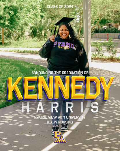 A photo advertising Personalized Graduation Photography packages and invites showing a graduate smiling and in a graduation hat and school themed sweatshirt. The image has 3D text featuring her name, the school she attended, graduation details, and a school logo. 