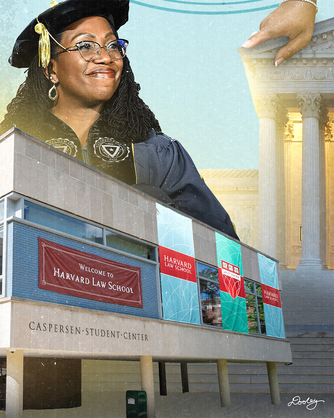 A portion of a graphic collage of Ketanji Brown Jackson showing her smiling wearing graduation robes above the Caspersen Student Center at Harvard Law School. There are Harvard Law School banners hanging from the building. 