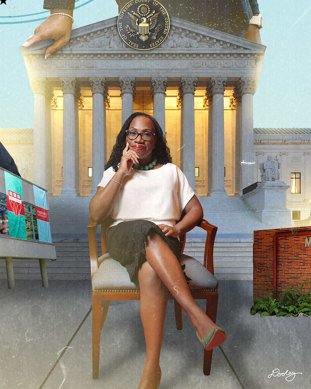 A portion of a graphic collage of Justice Katanji Brown seated confidently in front of the Supreme Court. 