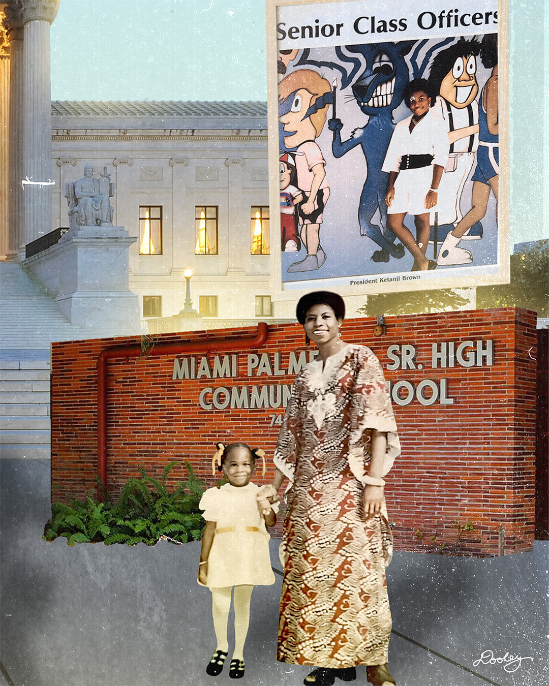 A portion of a graphic collage of Ketanji Brown Jackson showing a younger version of her as a student at Miami Palmetto Senior High School and here at  standing as a toddler with her mother. 