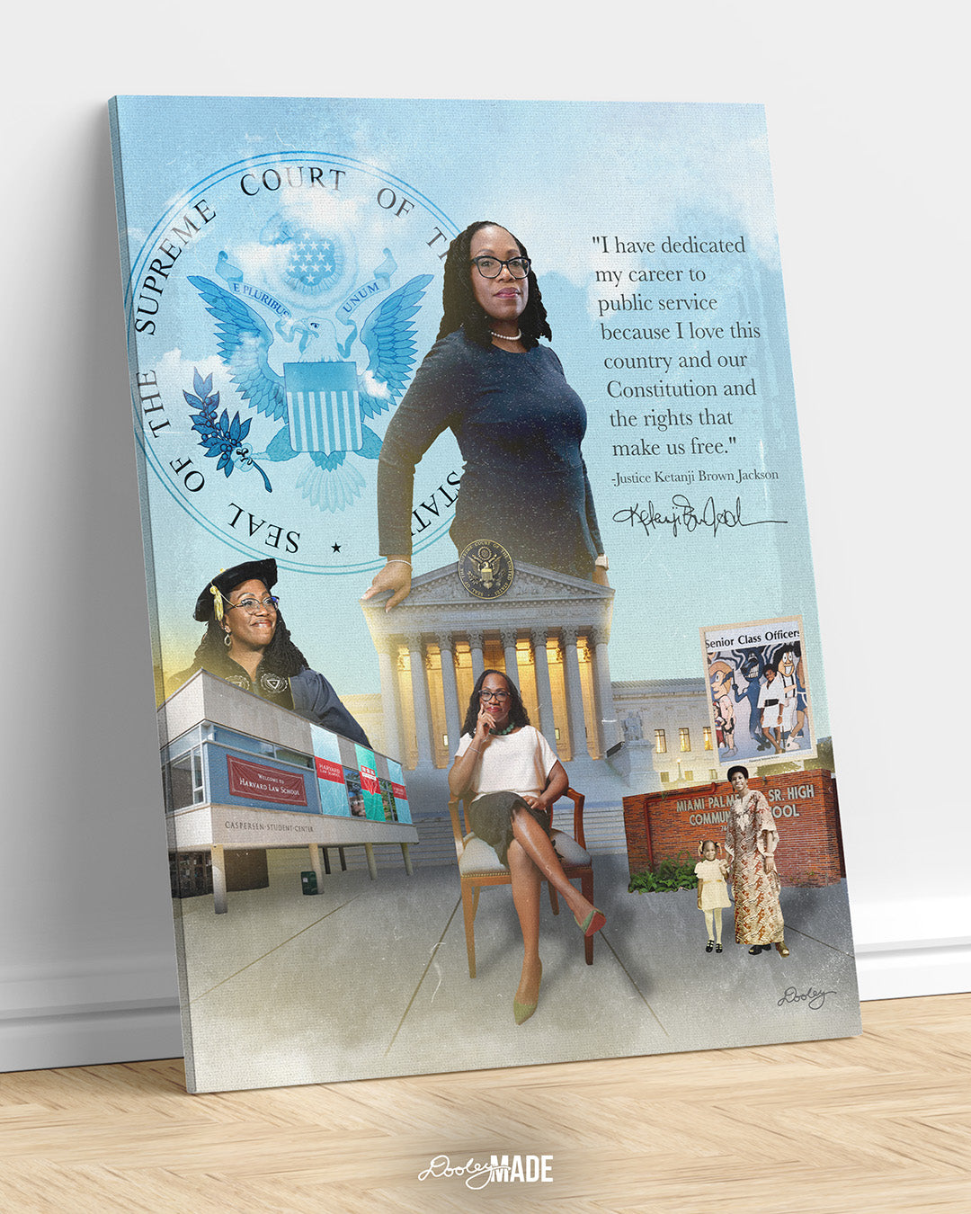 An image of a mounted canvas leaning against a white wall showing a collage honoring Justice Ketanji Brown Jackson. It showcases key moments from her life and career. The central figure is a confident Justice Jackson standing in front of the Supreme Court seal. To the left, she is depicted at her Harvard Law School graduation, with the school's building in the background. 
