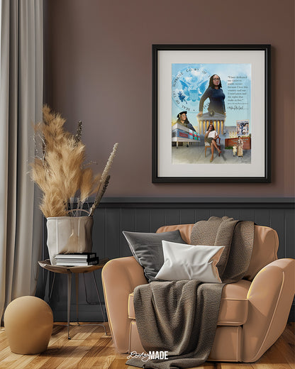 An image of a black picture frame on a brown wall in a sitting room showing a collage honoring Justice Ketanji Brown Jackson. It showcases key moments from her life and career. The central figure is a confident Justice Jackson standing in front of the Supreme Court seal. To the left, she is depicted at her Harvard Law School graduation, with the school's building in the background. 