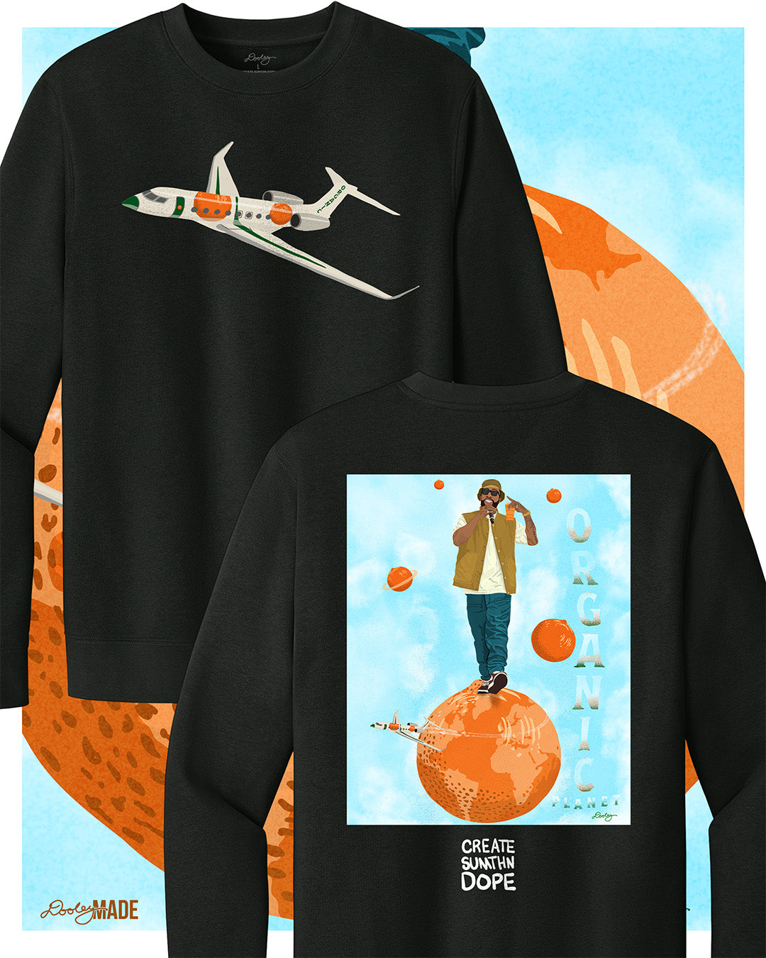 A black Larry June themed graphic crewneck sweater featuring a private jet with orange and green accents on the front. The back showcases a Larry June illustration of him standing on an orange planet with floating orange planets, alongside the text "Organic Planet" and "Create Sumthin Dope." Bold streetwear design blending creativity, luxury, and hip-hop culture.