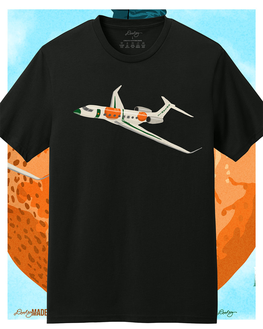 A black Larry June themed graphic t-shirt featuring a private jet with orange and green accents on the front. Bold streetwear design blending creativity, luxury, and hip-hop culture.