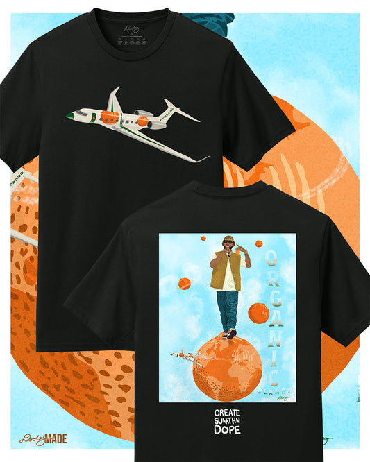 A black Larry June themed graphic t-shirt featuring a private jet with orange and green accents on the front. The back showcases a Larry June illustration of him standing on an orange planet with floating orange planets, alongside the text "Organic Planet" and "Create Sumthin Dope." Bold streetwear design blending creativity, luxury, and hip-hop culture.
