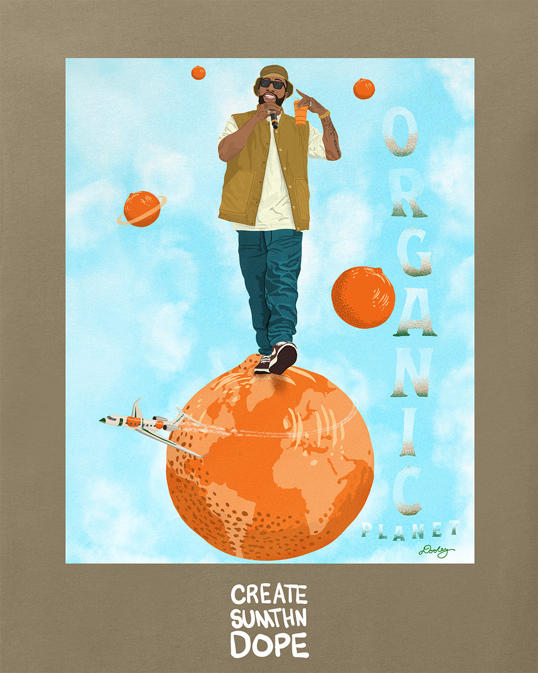 A khaki tan Larry June themed graphic t-shirt featuring a Larry June illustration of him standing on an orange planet with floating orange planets, alongside the text "Organic Planet" and "Create Sumthin Dope." Bold streetwear design blending creativity, luxury, and hip-hop culture.
