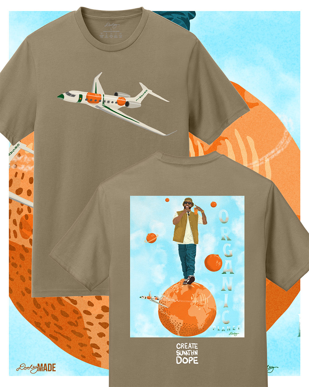 A khaki tan Larry June themed graphic t-shirt featuring a private jet with orange and green accents on the front. The back showcases a Larry June illustration of him standing on an orange planet with floating orange planets, alongside the text "Organic Planet" and "Create Sumthin Dope." Bold streetwear design blending creativity, luxury, and hip-hop culture.