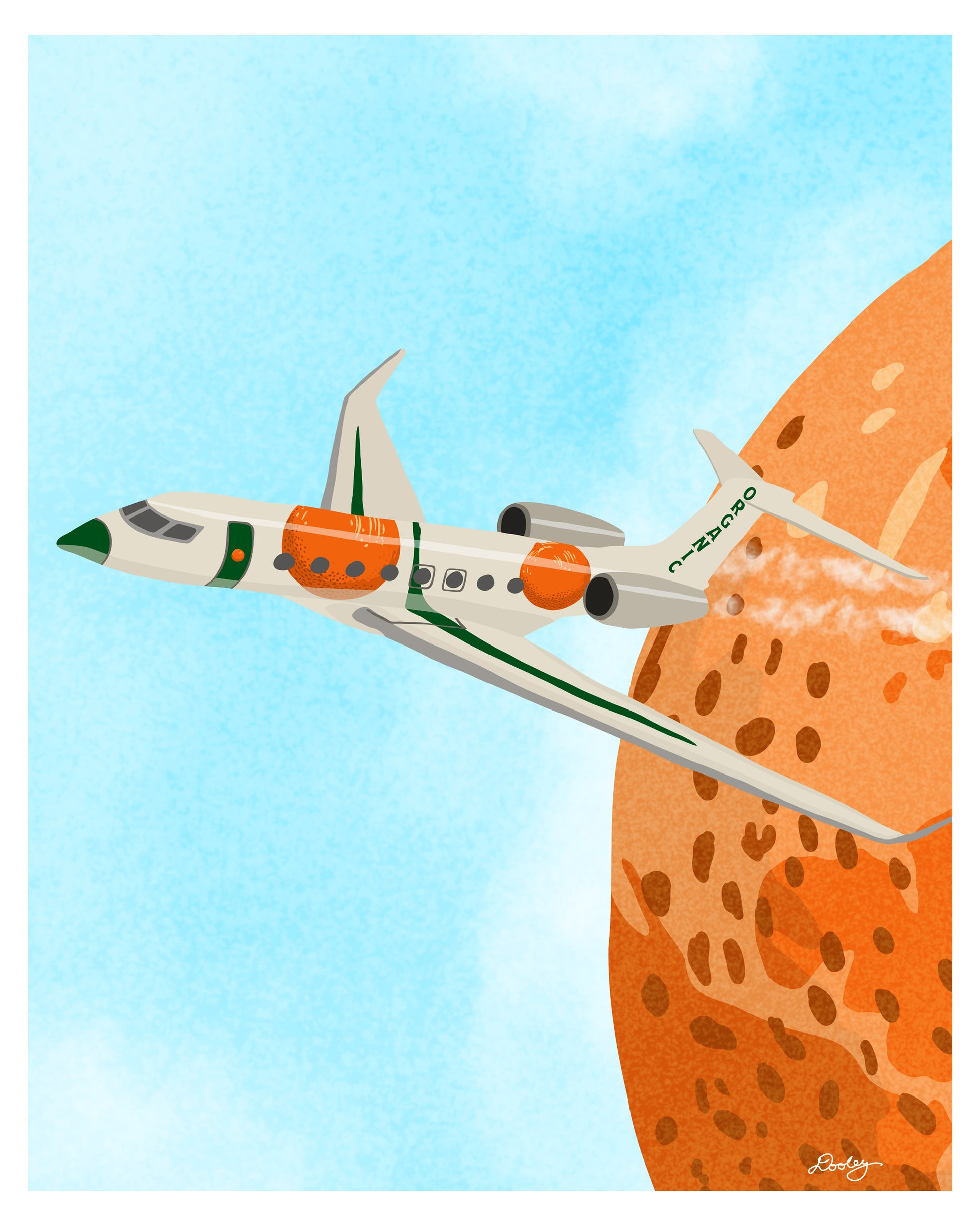 An image showing the artwork details of Larry June themed piece titled "Organic Planet" available as a shirt, crewneck sweater, artwork print, and mounted canvas. It shows a private jet decorated with oranges, green accents, and the word "organic" on the tail. 