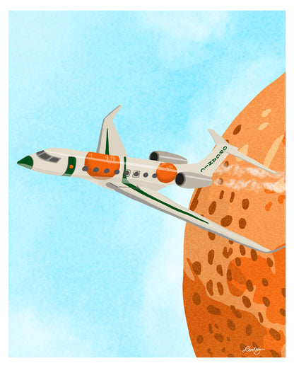 An image showing the artwork details of Larry June themed piece titled "Organic Planet" available as a shirt, crewneck sweater, artwork print, and mounted canvas. It shows a private jet decorated with oranges, green accents, and the word "organic" on the tail. 