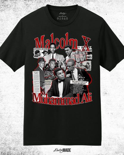 The front of a Black t-shirt featuring a collage of Malcolm X and Muhammad Ali with newspaper headlines and photos, with Malcolm X & Ali in bold red and white text. On a white background.