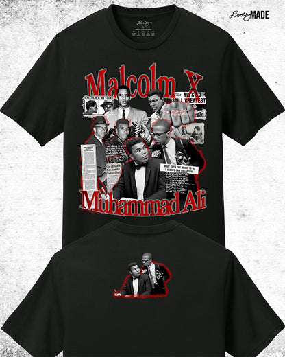 The front and back of a Black t-shirt featuring a collage of Malcolm X and Muhammad Ali with newspaper headlines and photos, titled 'Malcolm X Muhammad Ali in bold red and white text.