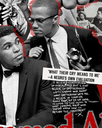 Image showing the detail of a Malcolm X and Muhammad Ali shirt with collage of newspaper headlines and photos. Image shows Malcolm X leaning on Muhammad Ali's shoulder. Shows the words headline "what their cry means to me-a Negro's own evaluation" and a Malcolm X quote under it.