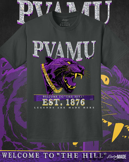  A 5.5-ounce, Coal colored 100% Pigment-Dyed Ring Spun Cotton k t-shirt with PVAMU text in diamonds featuring a purple panther, "Welcome to "The Hill,"  "Est. 1876," and "Legends Are Made Here" text.