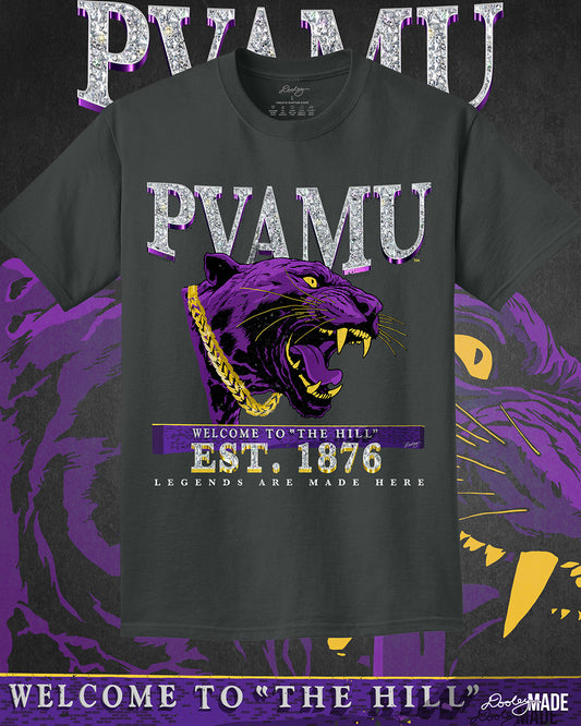  A 5.5-ounce, Coal colored 100% Pigment-Dyed Ring Spun Cotton k t-shirt with PVAMU text in diamonds featuring a purple panther, "Welcome to "The Hill,"  "Est. 1876," and "Legends Are Made Here" text.