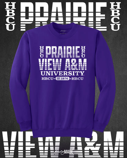 Purple Prairie View A&M University HBCU crewneck sweater with bold white text design, celebrating Black excellence and HBCU pride. Est. 1876. Perfect for alumni and students.
