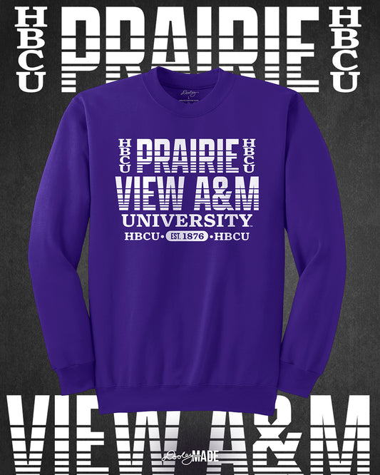 Purple Prairie View A&M University HBCU crewneck sweater with bold white text design, celebrating Black excellence and HBCU pride. Est. 1876. Perfect for alumni and students.