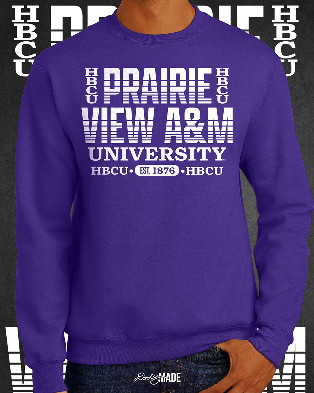 A model wearing a Purple Prairie View A&M University HBCU crewneck sweater with bold white text design, celebrating Black excellence and HBCU pride. Est. 1876. Perfect for alumni and students.