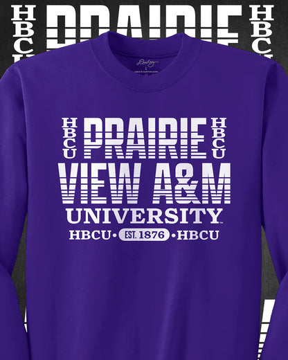 Purple Prairie View A&M University HBCU crewneck sweater with bold white text design, celebrating Black excellence and HBCU pride. Est. 1876. Perfect for alumni and students.