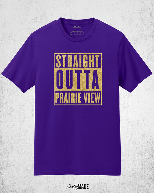 A purple Prairie View A&M University Shirt with "Straight Outta Prairie View" in a shinny golden design across the chest. Perfect for alumni, students, and gradates that want to celebrate their HBCU pride with a shine.