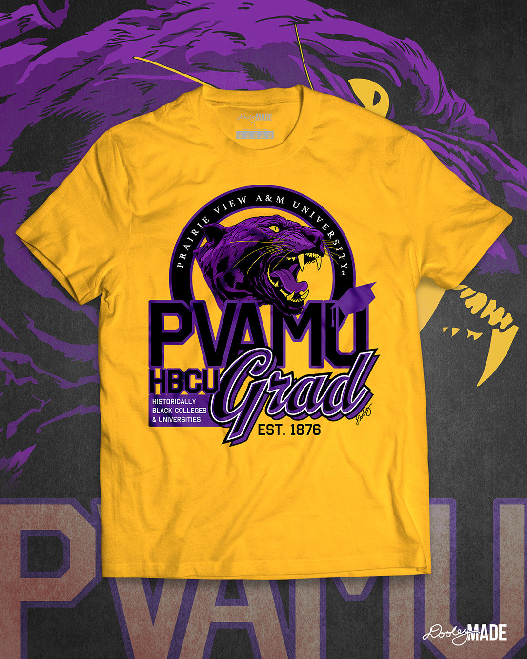 A gold Prairie View A&M graduation shirt featuring a roaring panther surrounded by a circular frame with the university name inside of it, and the words "PVAMU Grad" next to HBCU and Historically Black Colleges & Universities.
