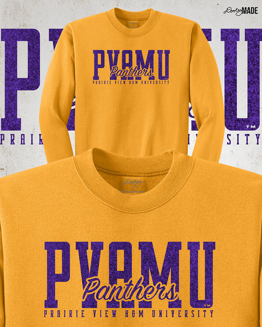 A premium gold Prairie View A&M University crewneck sweatshirt with a shinny purple glitter PVAMU Panther design across the chest. Perfect for alumni, students, and gradates that want to celebrate their HBCU pride. 