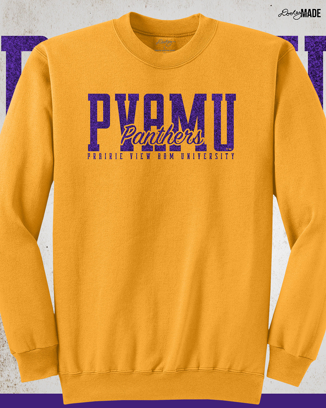 A premium gold Prairie View A&M University crewneck sweatshirt with a shinny purple glitter PVAMU Panther design across the chest. Perfect for alumni, students, and gradates that want to celebrate their HBCU pride. 
