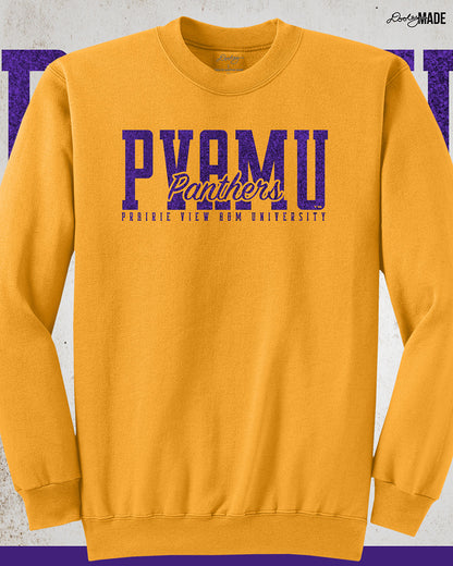 A premium gold Prairie View A&M University crewneck sweatshirt with a shinny purple glitter PVAMU Panther design across the chest. Perfect for alumni, students, and gradates that want to celebrate their HBCU pride. 