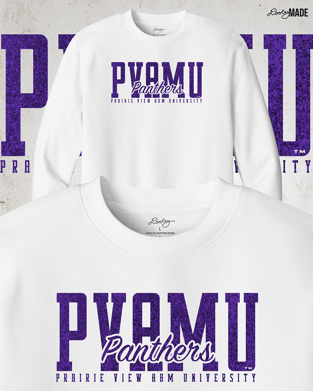 A premium white Prairie View A&M University crewneck sweater with a shinny purple glitter PVAMU Panther design across the chest. Perfect for alumni, students, and gradates that want to celebrate their HBCU pride. 