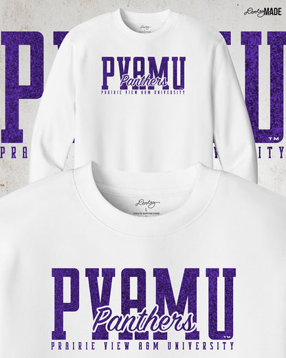 A premium white Prairie View A&M University crewneck sweater with a shinny purple glitter PVAMU Panther design across the chest. Perfect for alumni, students, and gradates that want to celebrate their HBCU pride. 