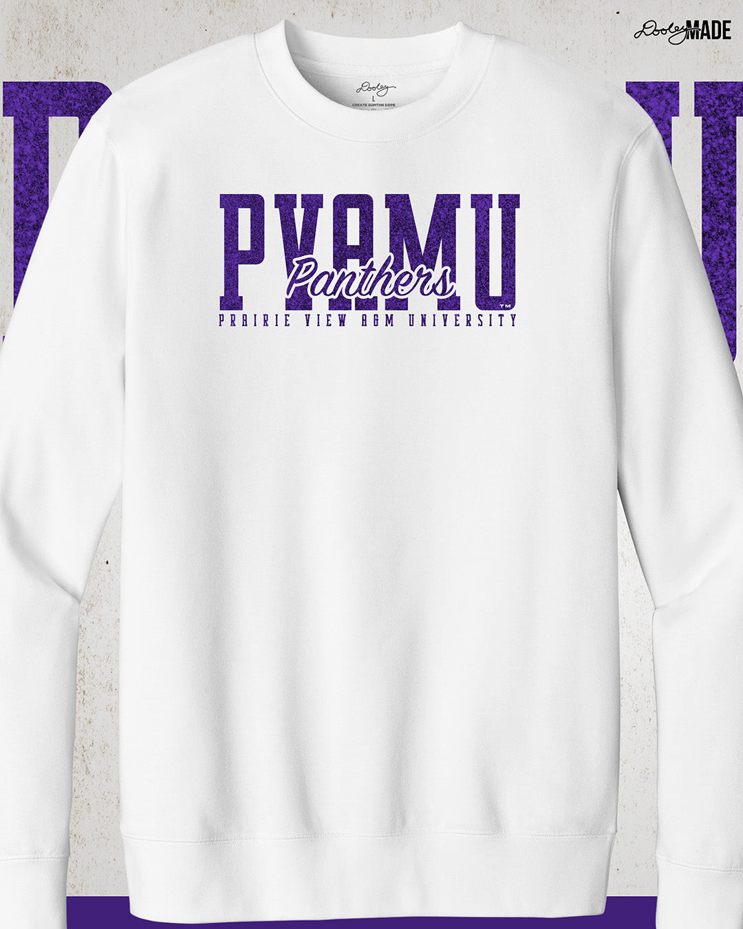 A premium white Prairie View A&M University crewneck sweater with a shinny purple glitter PVAMU Panther design across the chest. Perfect for alumni, students, and gradates that want to celebrate their HBCU pride. 