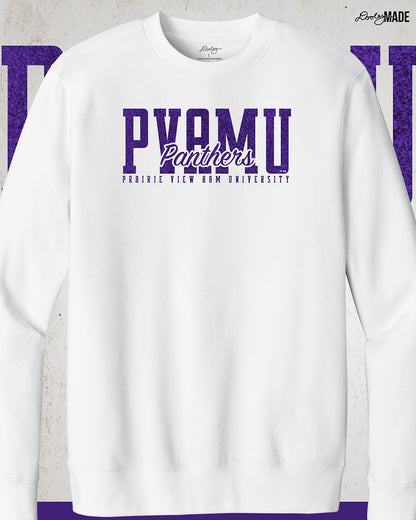 A premium white Prairie View A&M University crewneck sweater with a shinny purple glitter PVAMU Panther design across the chest. Perfect for alumni, students, and gradates that want to celebrate their HBCU pride. 