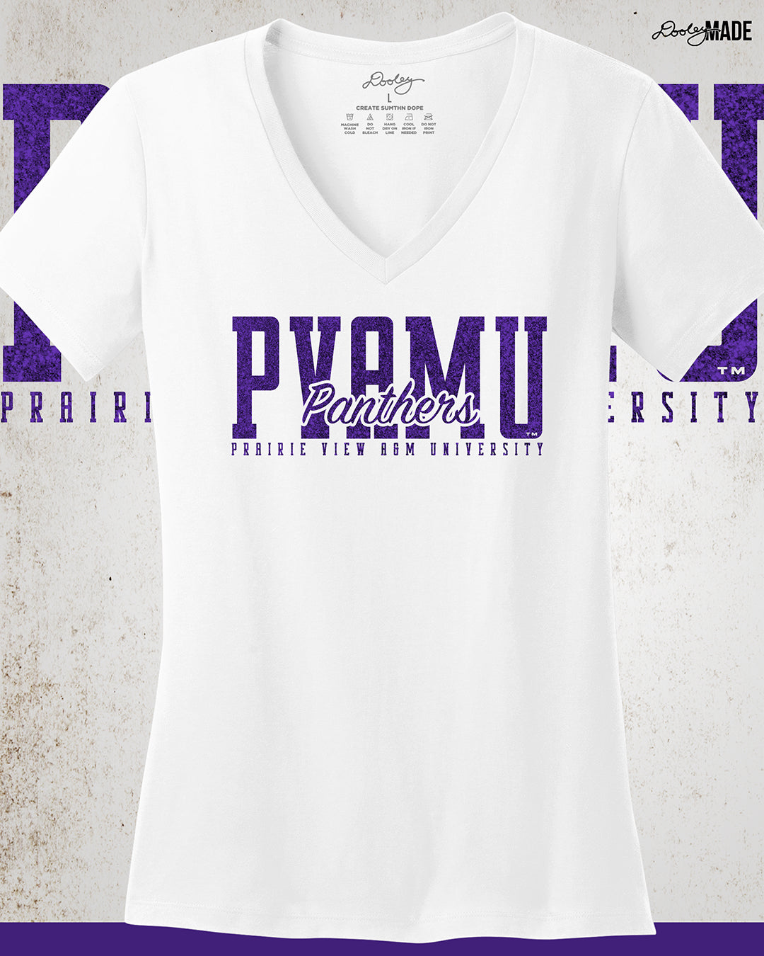 A premium white Prairie View A&M University ladies v-neck shirt with a shinny purple glitter PVAMU Panther design across the chest. Perfect for alumni, students, and gradates that want to celebrate their HBCU pride. 