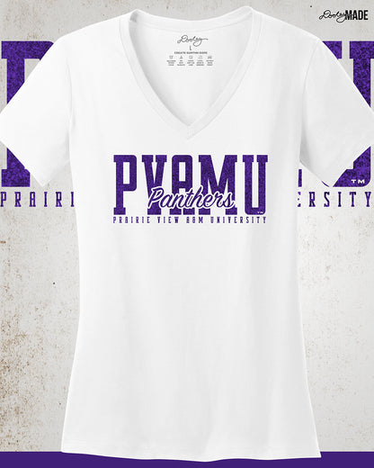 A premium white Prairie View A&M University ladies v-neck shirt with a shinny purple glitter PVAMU Panther design across the chest. Perfect for alumni, students, and gradates that want to celebrate their HBCU pride. 