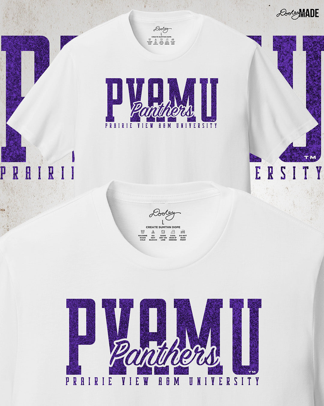 A premium white Prairie View A&M University shirt with a shinny purple glitter PVAMU Panther design across the chest. Perfect for alumni, students, and gradates that want to celebrate their HBCU pride. 