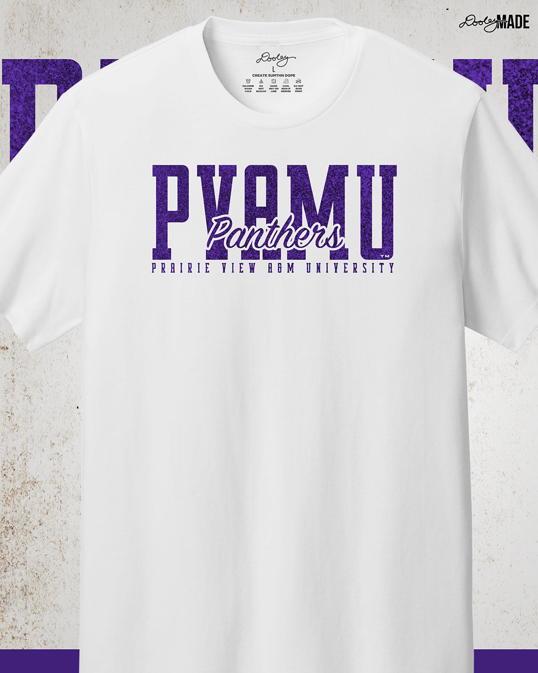 A premium white Prairie View A&M University shirt with a shinny purple glitter PVAMU Panther design across the chest. Perfect for alumni, students, and gradates that want to celebrate their HBCU pride. 