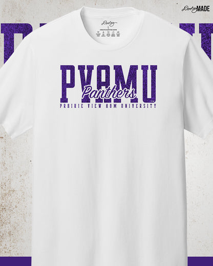 A premium white Prairie View A&M University shirt with a shinny purple glitter PVAMU Panther design across the chest. Perfect for alumni, students, and gradates that want to celebrate their HBCU pride. 