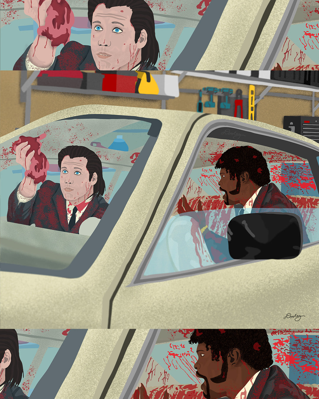 A stylized illustration by Dre Dooley titled "The Accident" depicted a scene from the movie Pulp Fiction. Covered in blood, Samuel L. Jackson and John Travolta argue while cleaning blood and brain from a car's interior as it sits in a garage. 